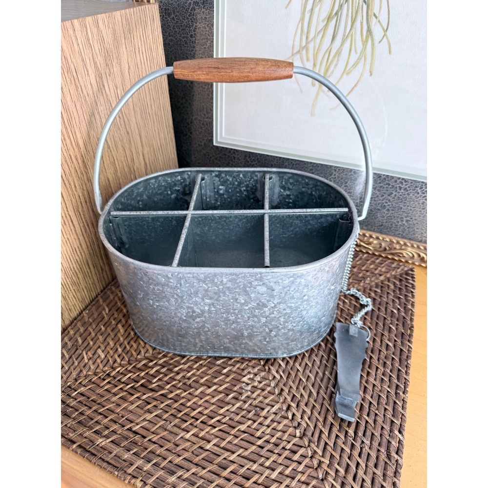 Pottery Barn Galvanized Metal 6-Pack Bottle Carrier Caddy Wood Handle Opener
